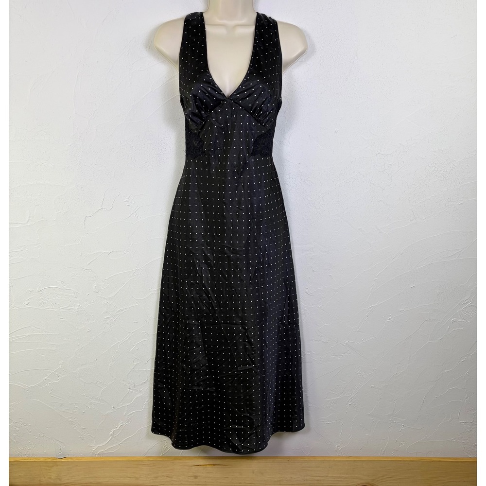 Enchanting Polka Dot Slip Dress Women M Black Lace Satin Midi Lingerie Goth Y2K